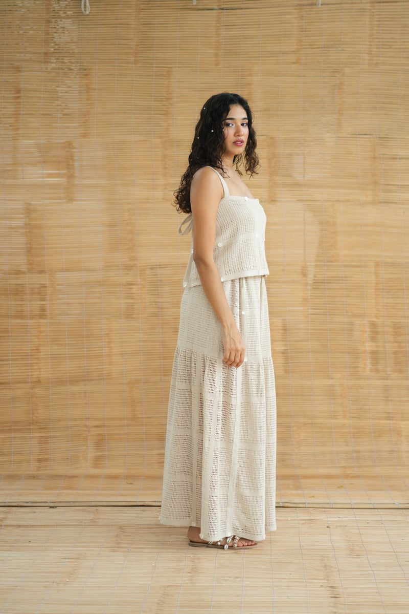 Beige Crochet Top and Tiered Maxi Skirt Co-ord Set