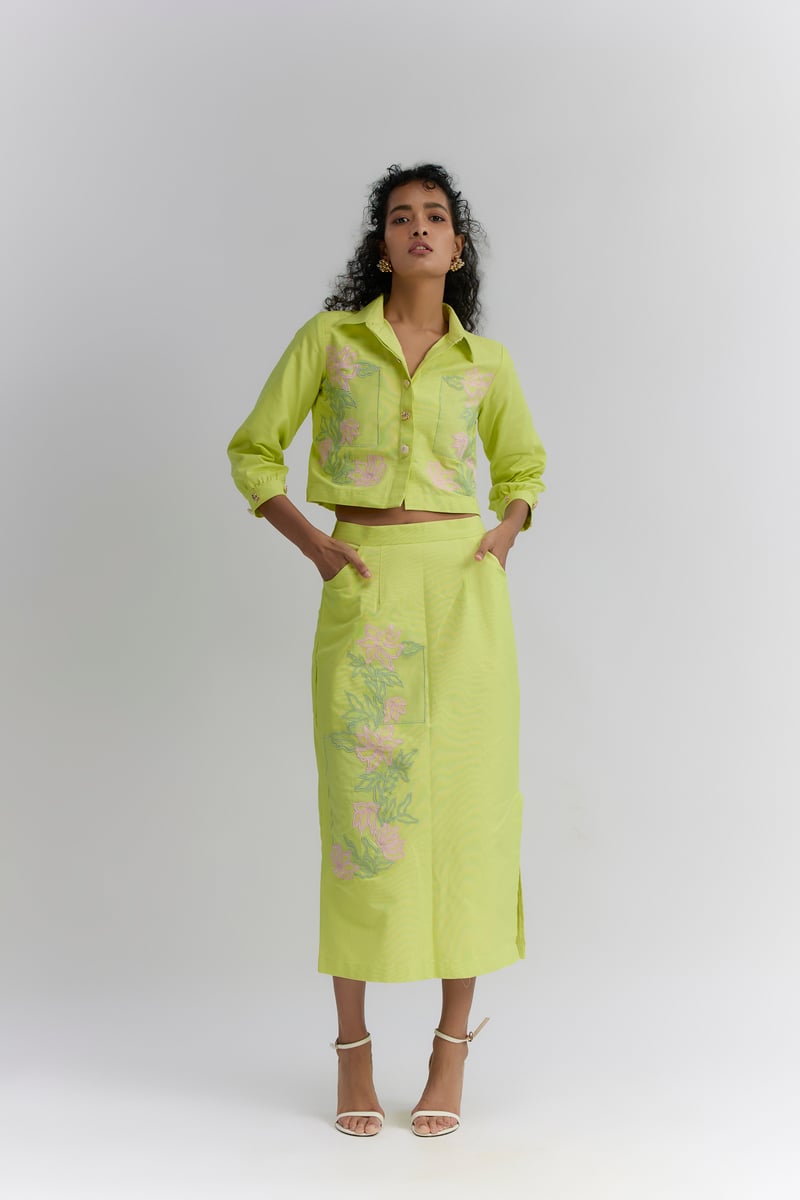 Lime Green Embroidered Pencil Midi Skirt Set