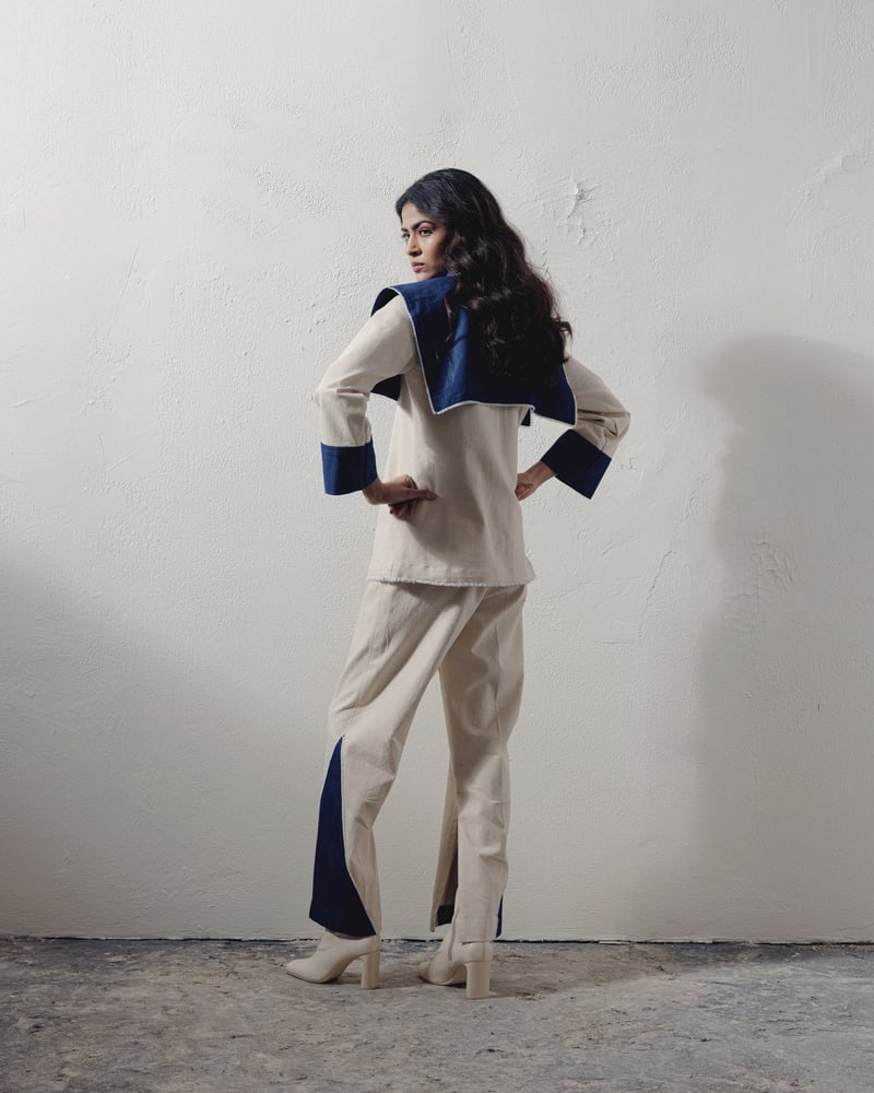Blue and White Colorblocked Denim Shirt with Shoulder Flap
