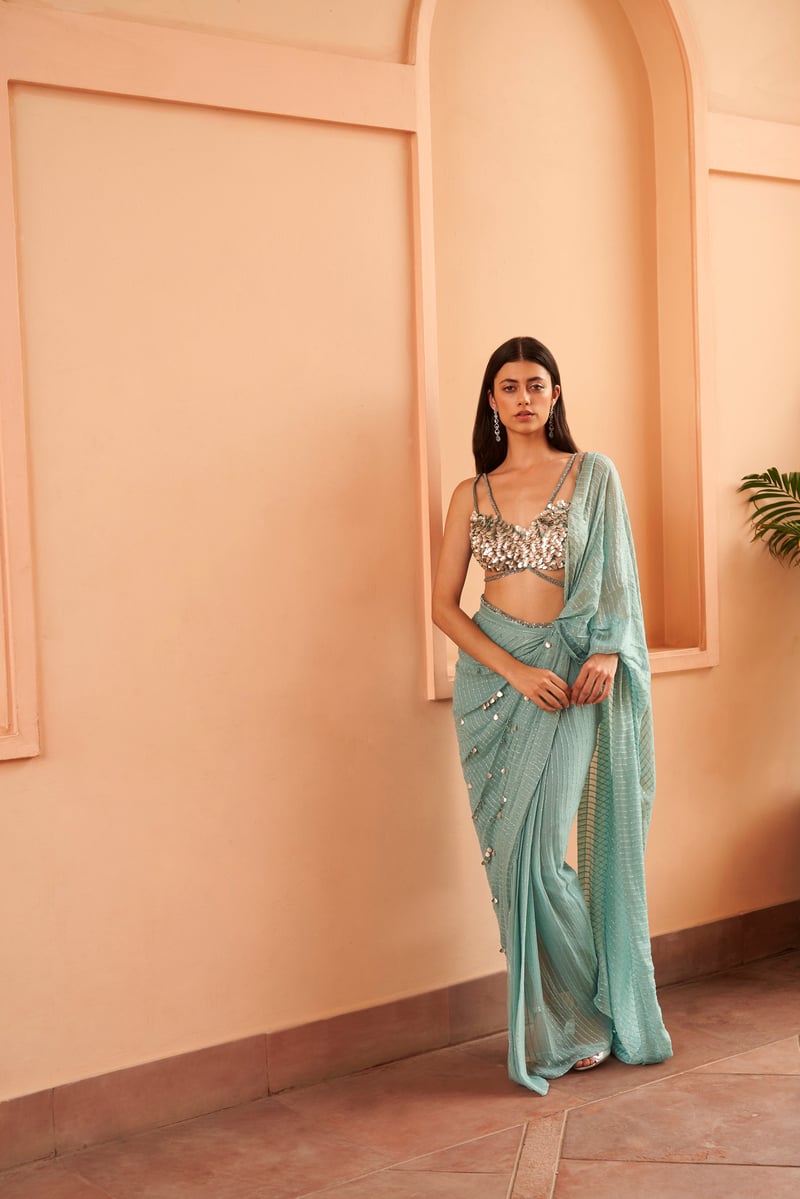 May Blue Pre-Draped Saree Set with Sequin Blouse