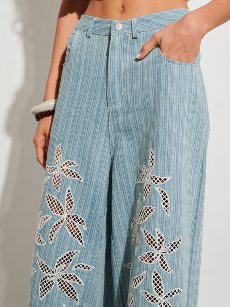 Washed Blue High-Waist Wide-Leg Cutwork Denim Jeans