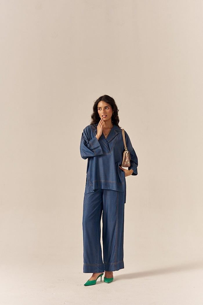Blue Lapel Shirt and Flared Pants Co-ord Set