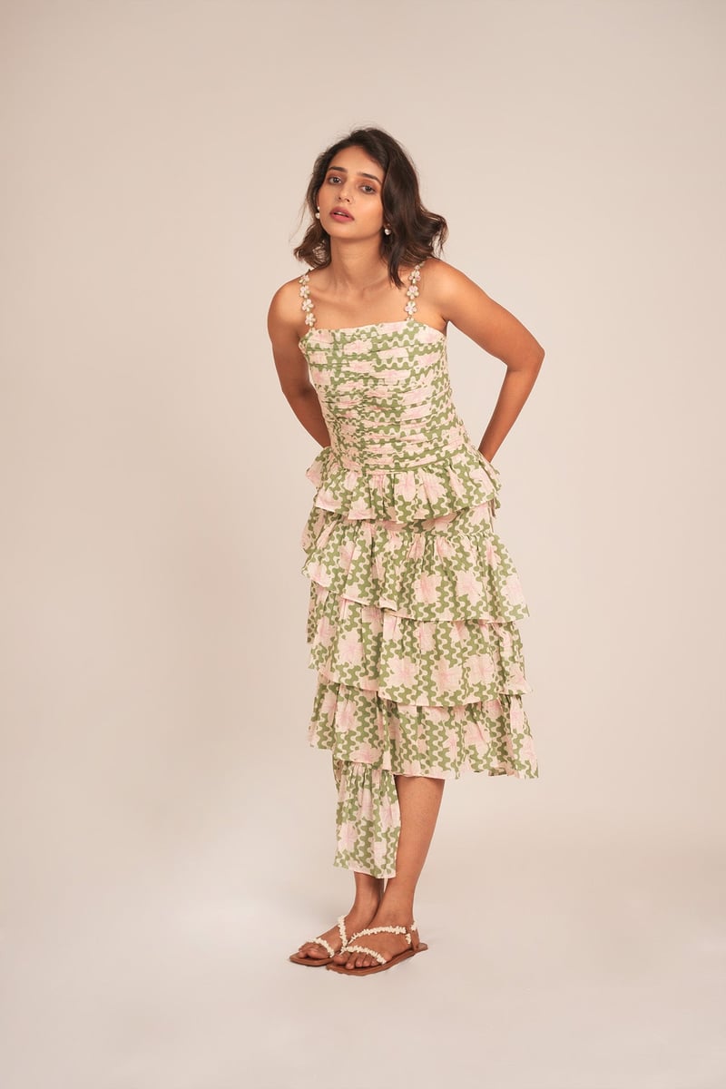 Layered Floral Print Ruched Bodice Tiered Midi Dress