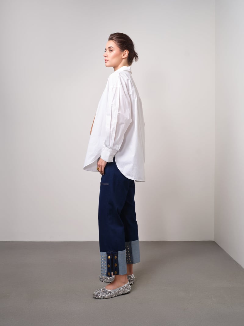 Dark Blue Straight-Leg Jeans with Crystal Turn-Up Cuffs