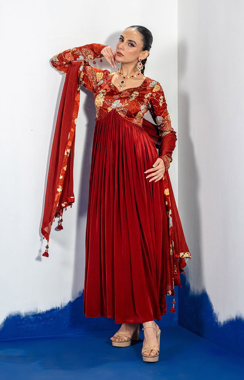 Maroon Embroidered Anarkali Kurta Set with Dupatta