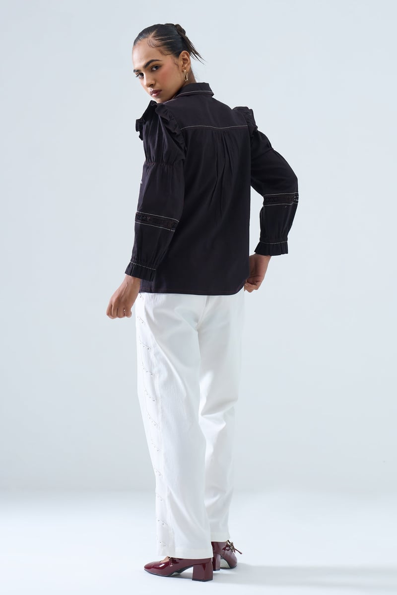 Black Embroidered Ruffle-Shoulder Cotton Flex Shirt
