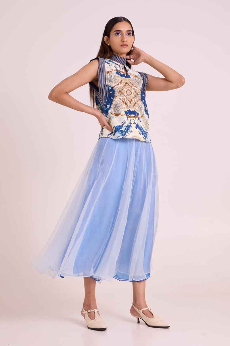 Ice Blue Printed Top and Divided Skirt Co-ord Set