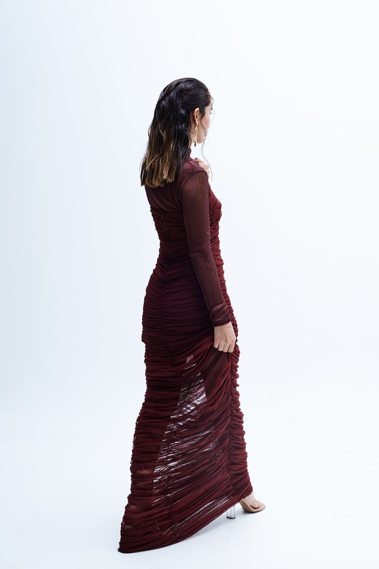 Maroon Ruched Mesh Bodycon Maxi Dress