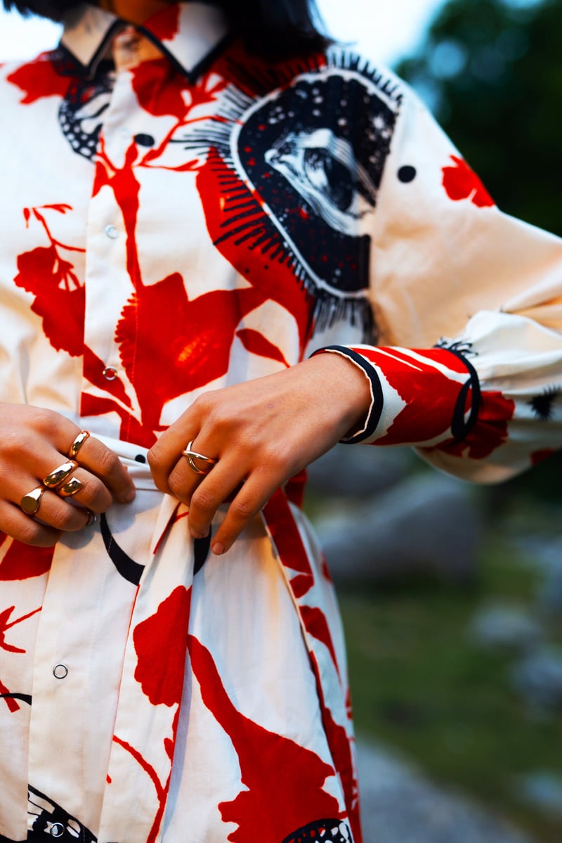 White/Red Printed Midi Shirt Dress with Detachable Belt