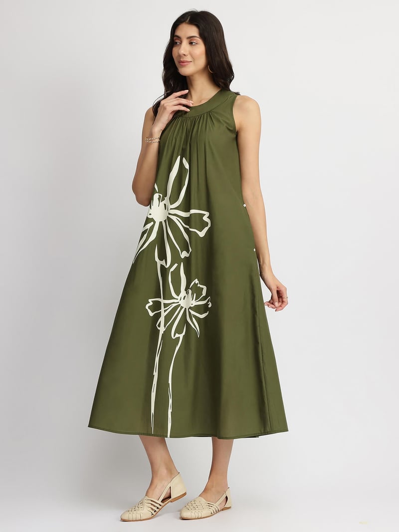 Olive Cotton Floral Placement Print A-Line Midi Dress