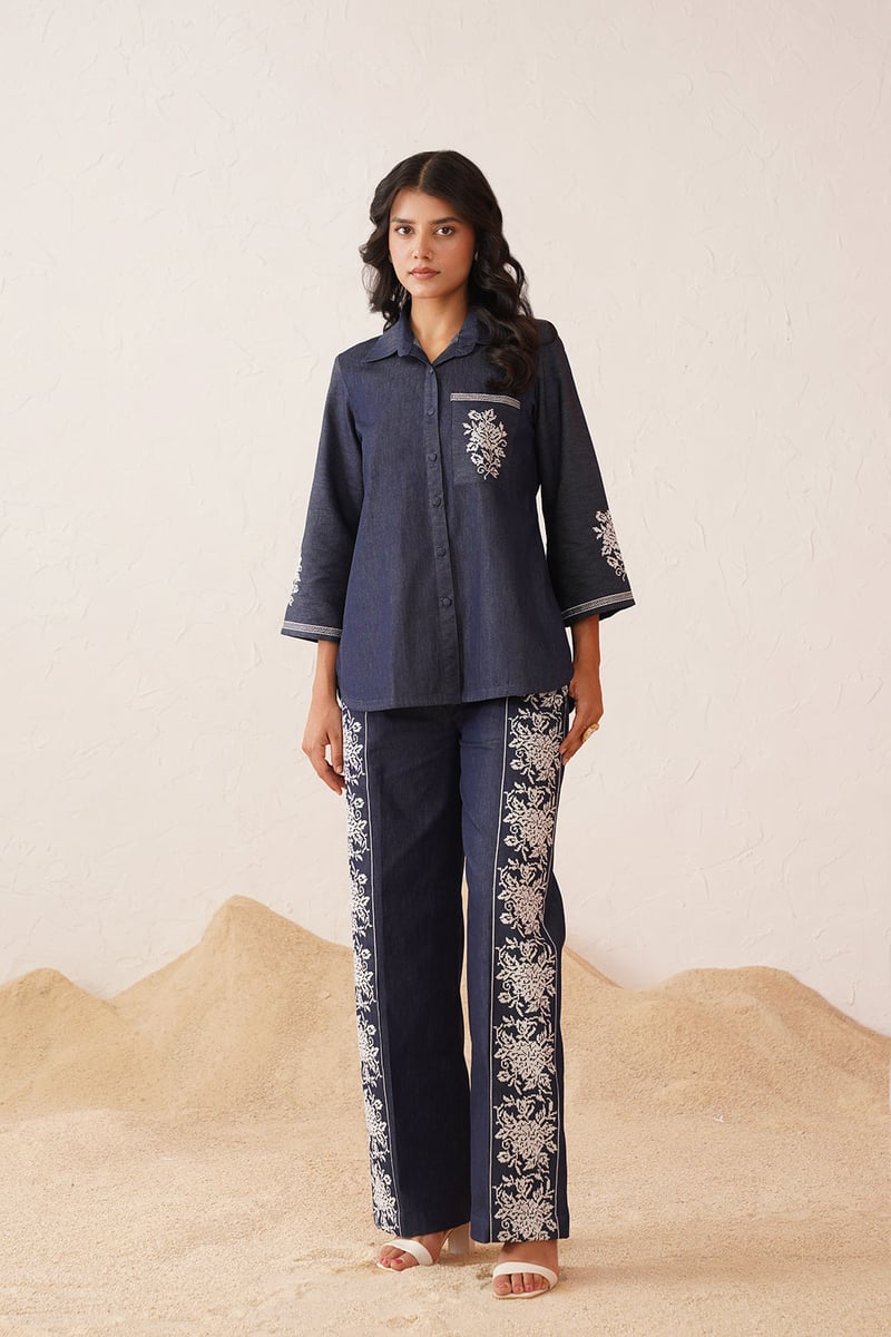 Blue Denim Cross-Stitch Embroidered Co-ord Set