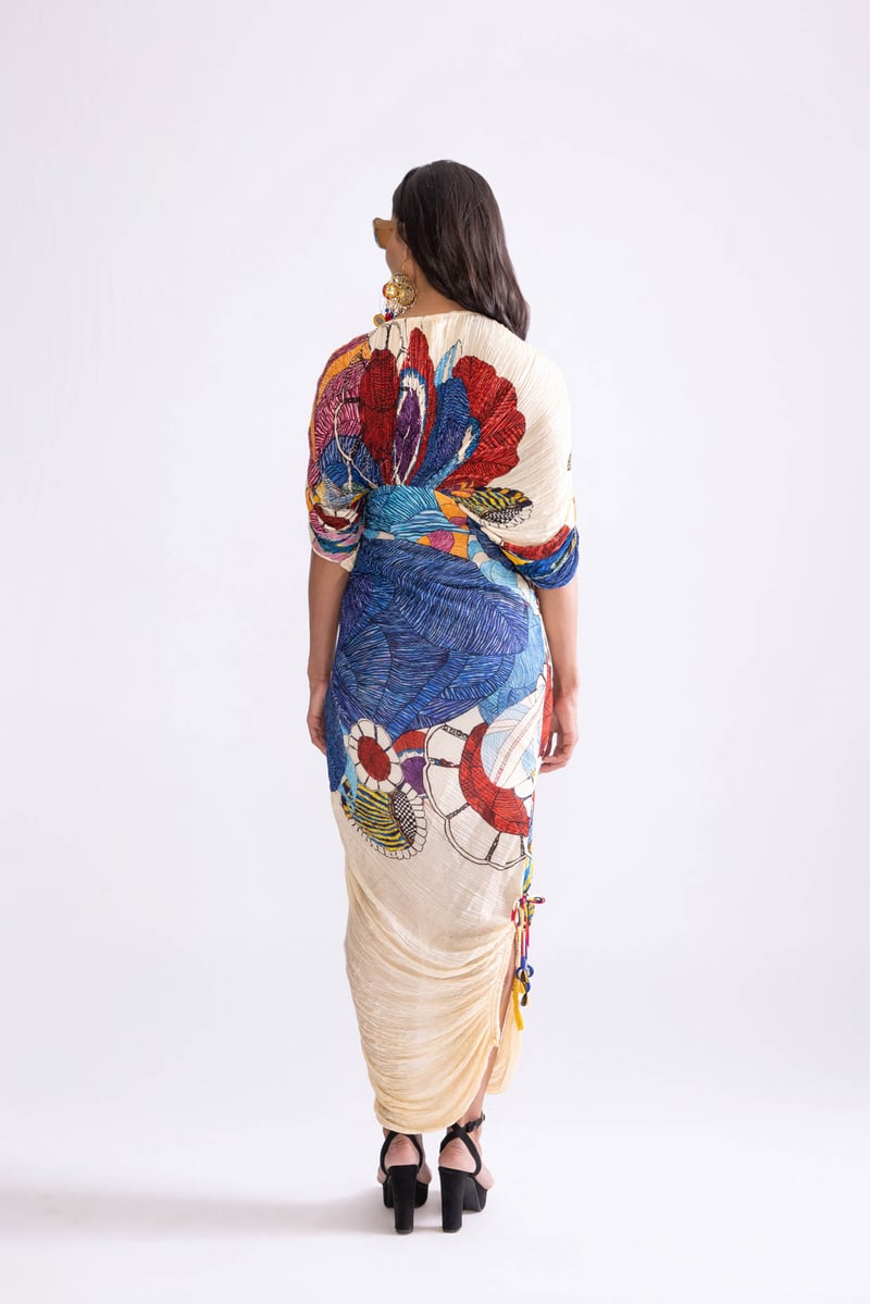 Multi Tribal Print Micro-Pleated Kaftan Maxi Dress