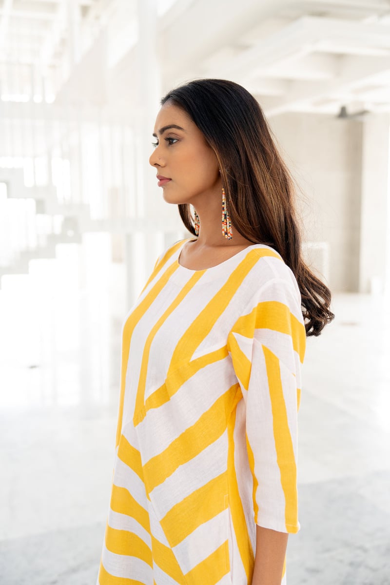 Yellow Striped Linen-Blend Midi Dress with Pockets
