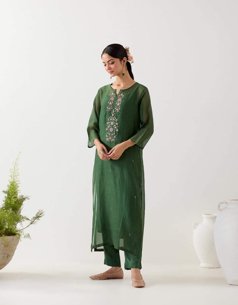 Bottle Green Embroidered Straight Kurta Set with Slip