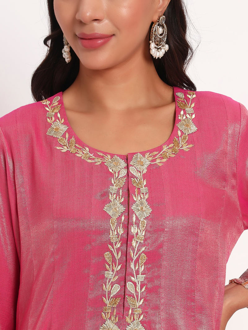 Rose Pink Cotton Tissue Anarkali Kurta Set with Dupatta