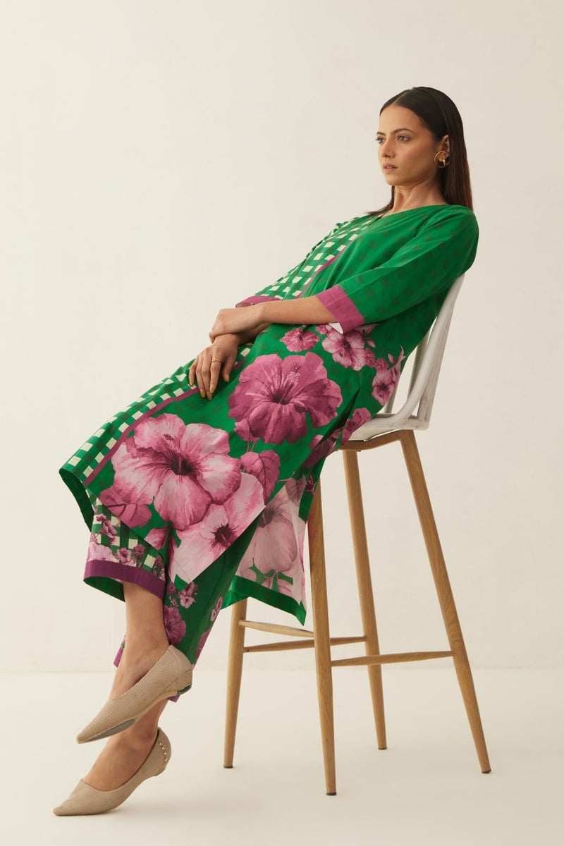 Green Cotton Gingham checks and floral co-ord set