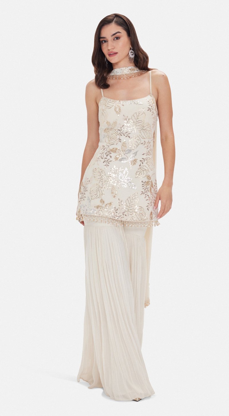 Ivory Georgette Sequin Sharara Kurta Set with Dupatta