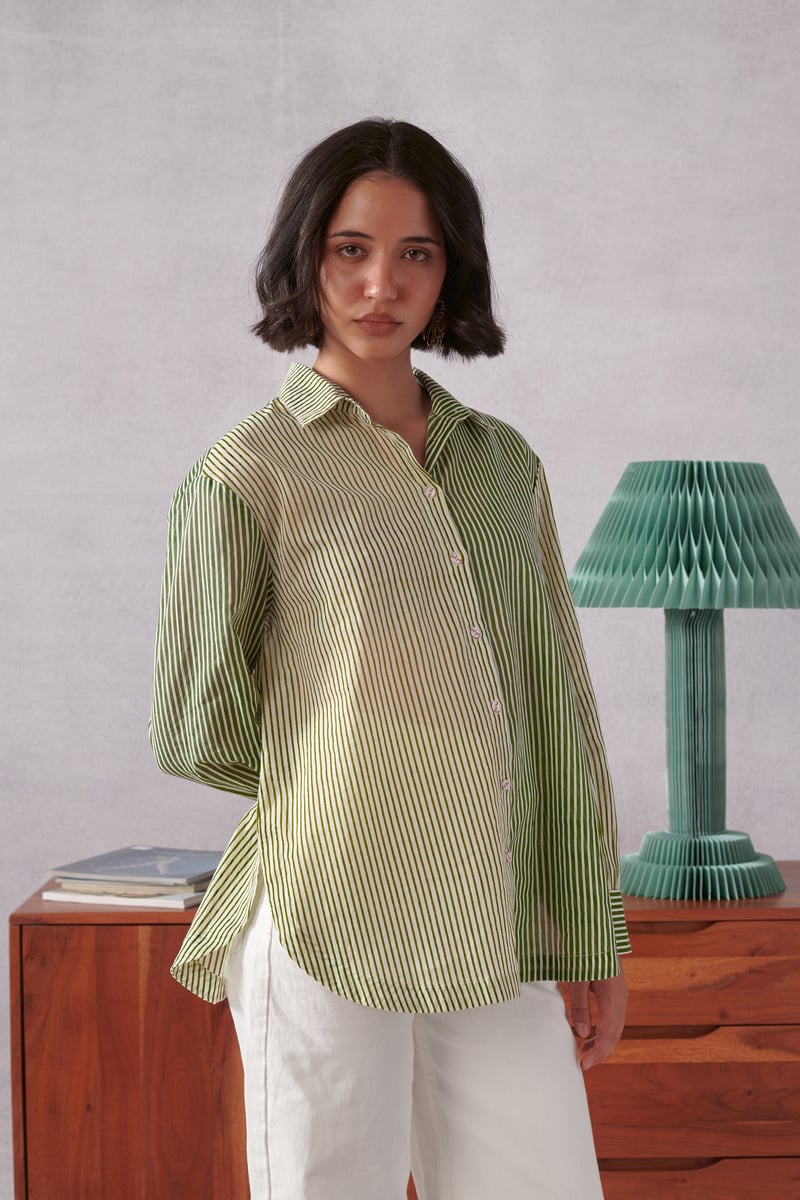 Green Striped Relaxed-Fit Cotton Button-Down Shirt
