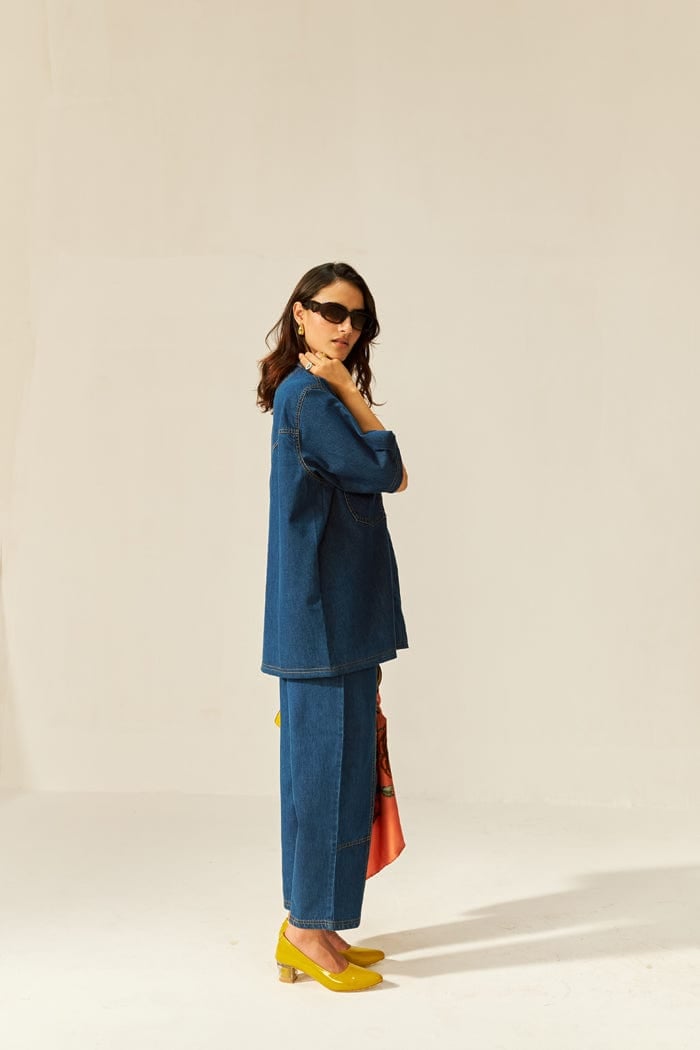 Dark Blue Denim Oversized Shirt and Pants Co-ord Set