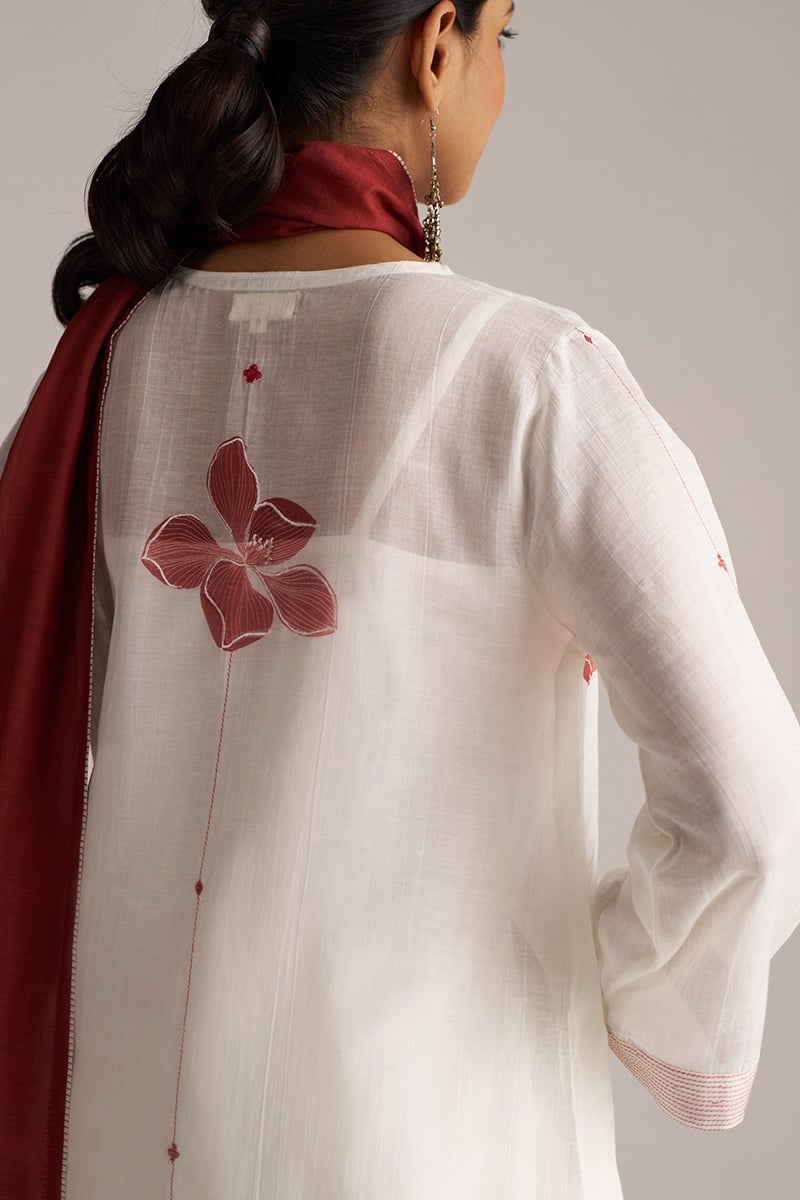 Ivory and Maroon Printed Chanderi Kurta Set with Stole