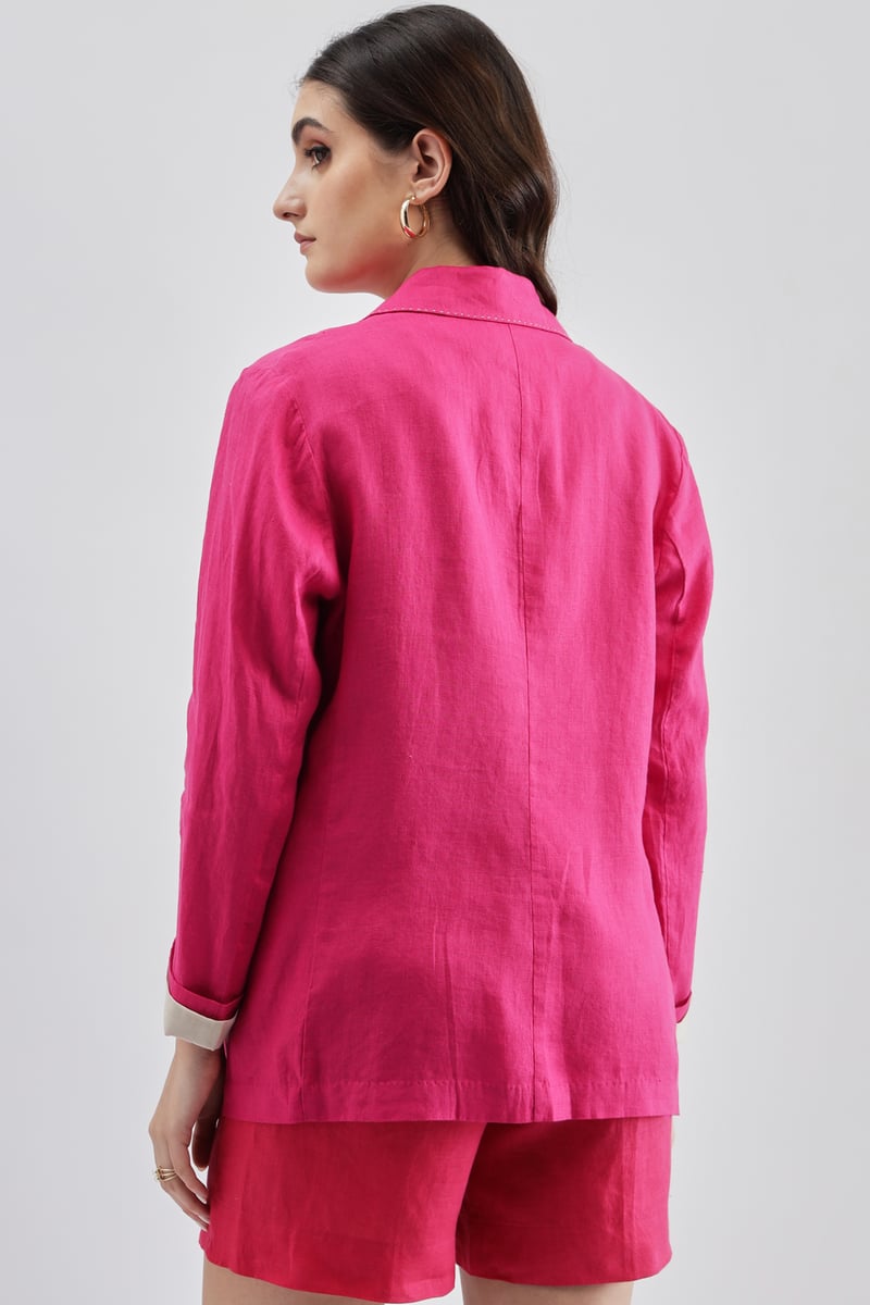 Fuschia Linen Tailored Blazer with Cutwork Detail