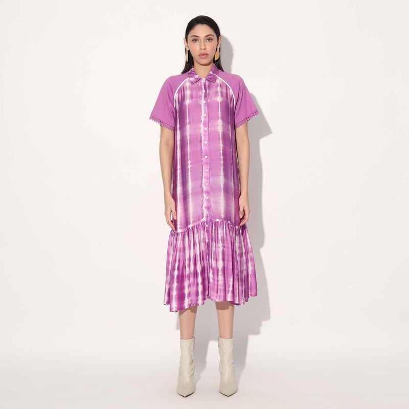 Pink/White Shibori Stripe Satin Midi Shirt Dress