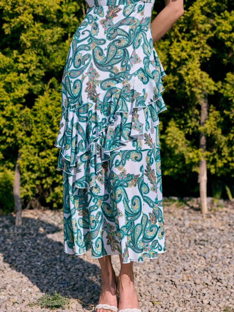 Green Paisley Print Wrap Midi Dress with Ruffle Tiers