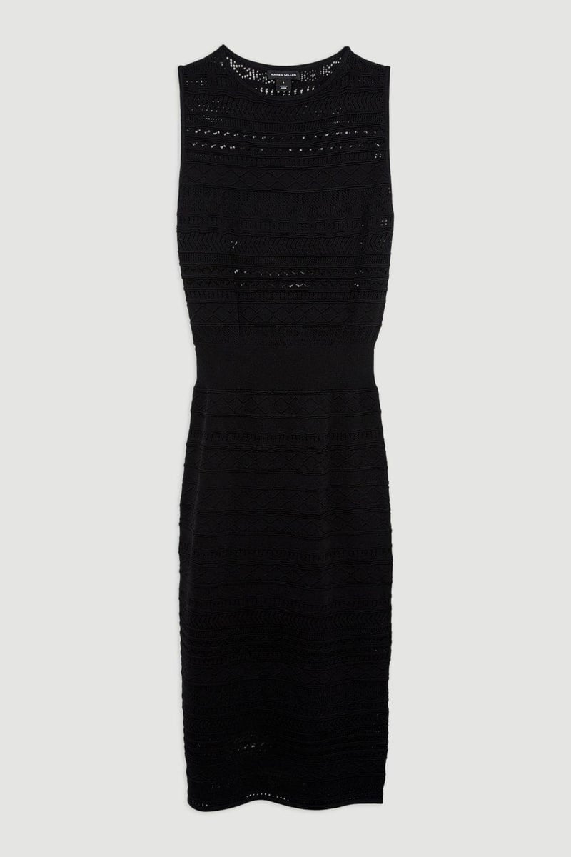 Black Pointelle Knit Racer Neck Bodycon Midi Dress