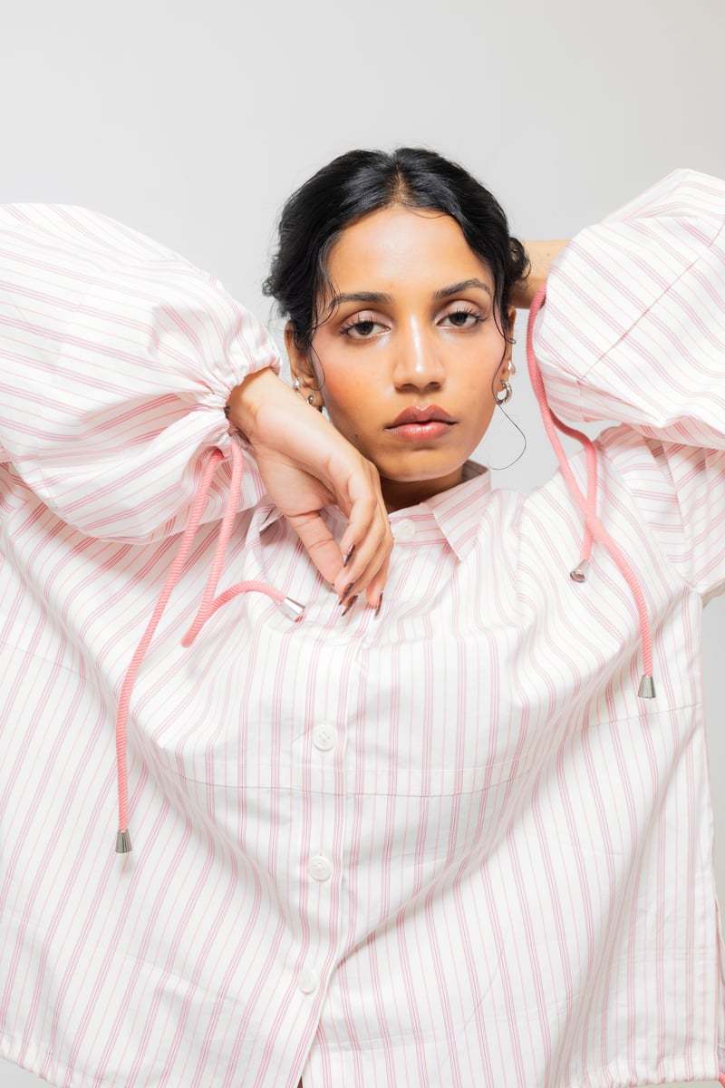 Oversized Balloon Sleeve Striped Cotton Shirt, White/Pink — Shop Staple