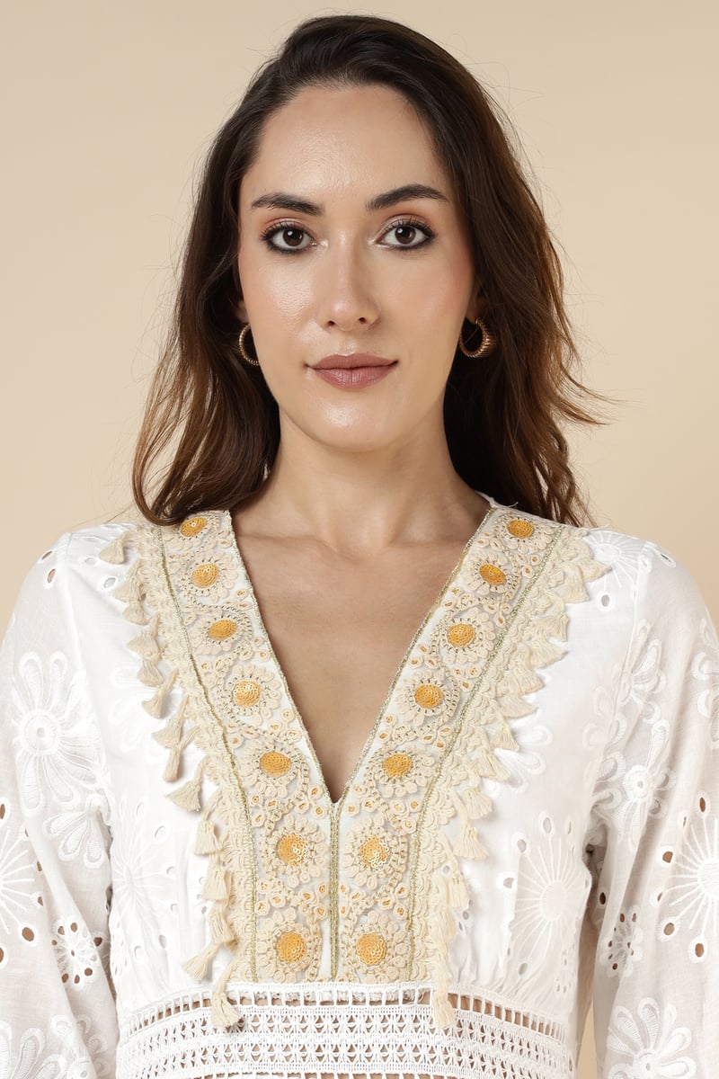 Ekru Tiered Cutwork Maxi Dress with Embellished V-Neck