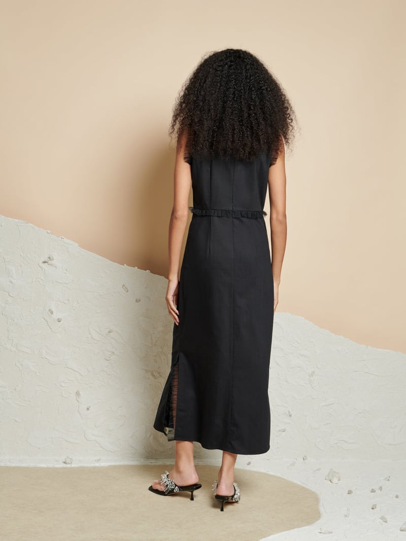 Black Sleeveless Straight Midi Dress with Ruffle Trim