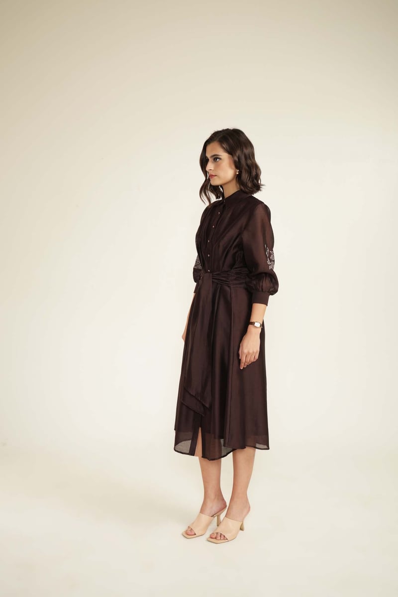 Grape Silk Chanderi Midi Shirt Dress With Hand Embroidery