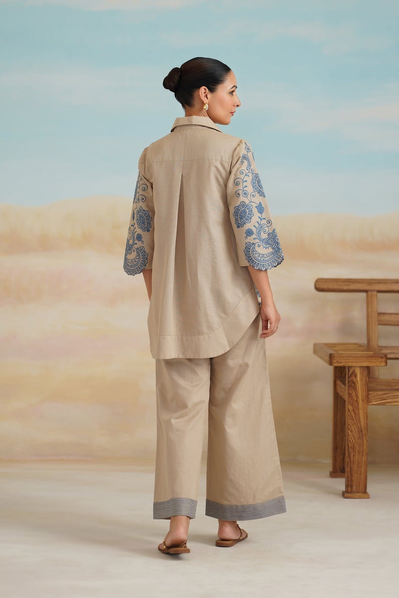 Beige Cotton Linen Embroidered Shirt and Pants Co-ord Set