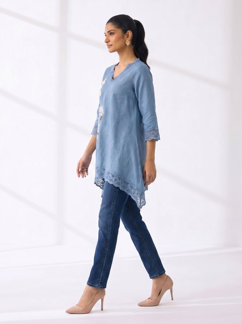 Star Blue Linen Longline Tunic Top with Lace Trim