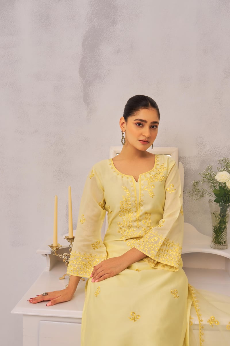 Lime Yellow Chanderi Silk Embroidered Suit Set