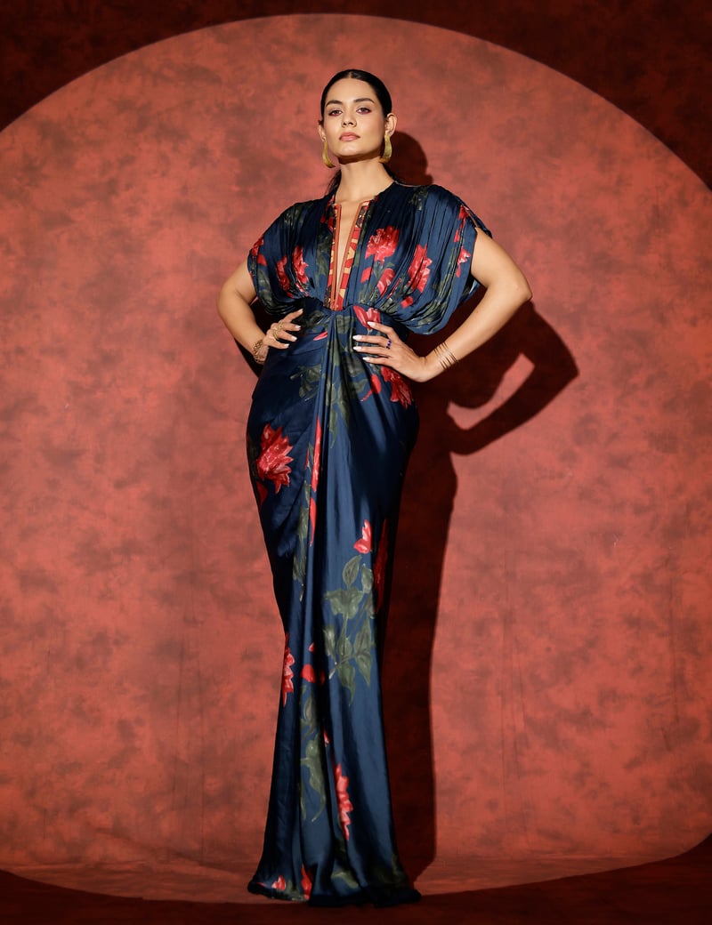 Peacock Blue Floral Kaftan Maxi Gown with Front Zipper