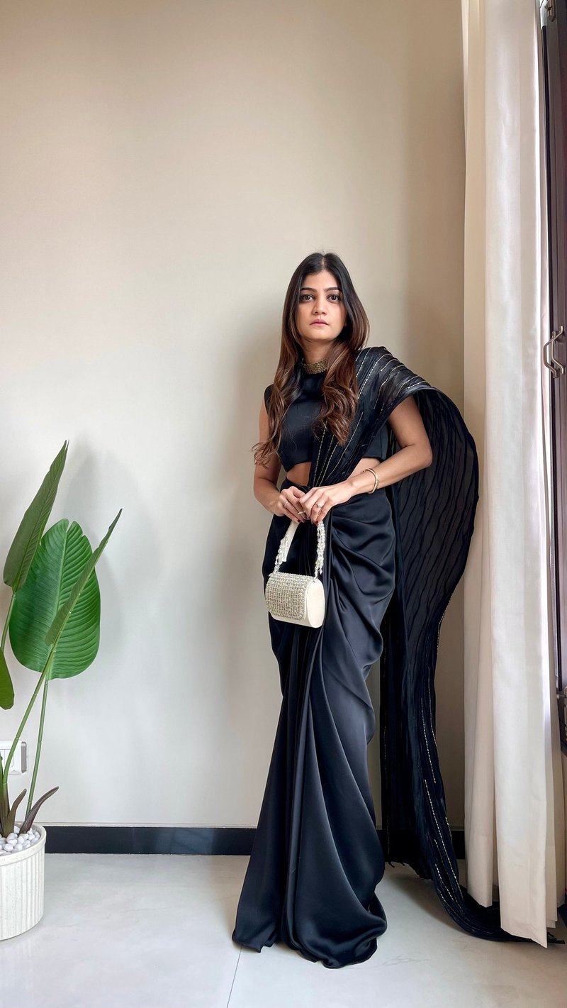 Black Fusion Pre-Draped Saree Set with Structured Palla — The Grey Dot