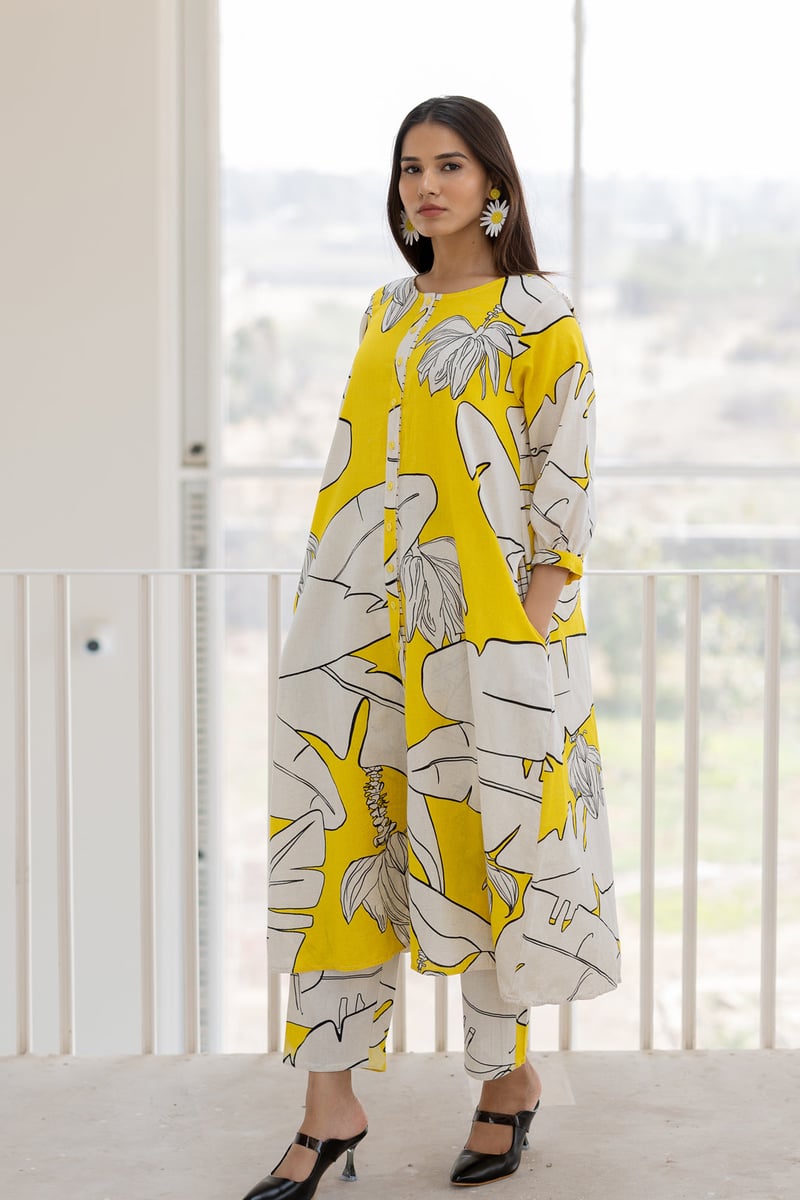 Yellow Banana Leaf Print Button-Down A-Line Kurta Set