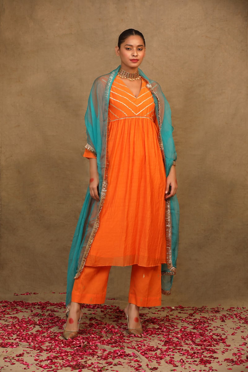 Orange Silk Chanderi Gota Work Kurta Set with Dupatta