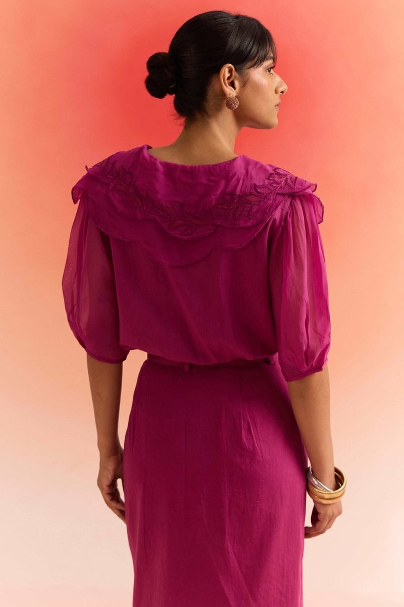 Wine Wrap-Draped Midi Skirt in Cotton Satin