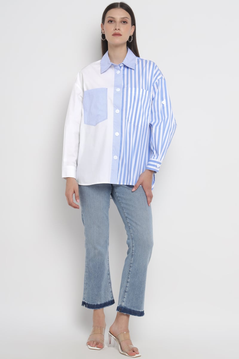 White and Light Blue Colorblocked Striped Button-Up Shirt