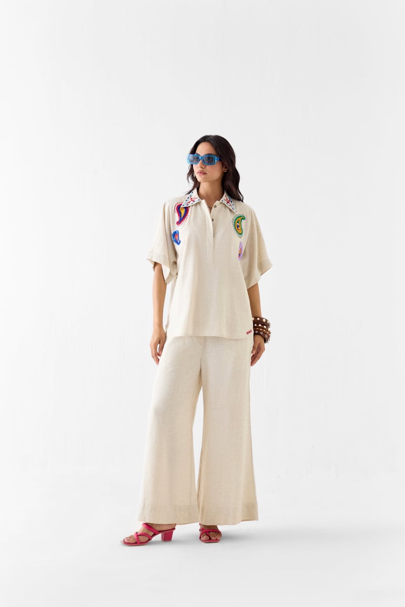 Cream Viscose Linen Shirt and Wide-Leg Trousers Co-ord Set — Studio Rigu