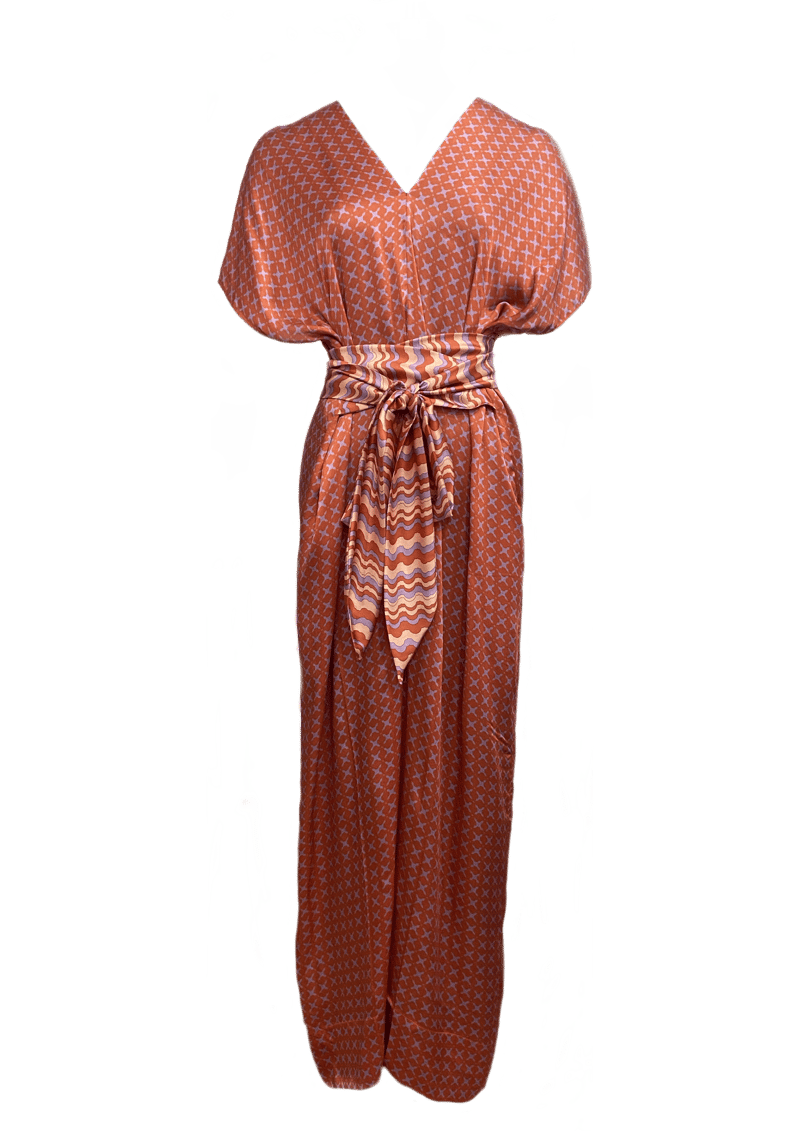 Teal Geometric Print Wide-Leg Maxi Jumpsuit with Tie Belt