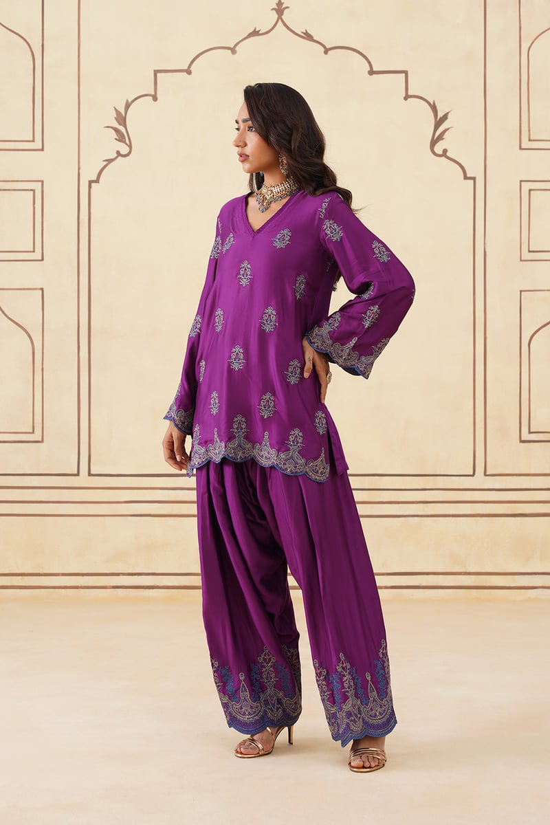 Wine Embroidered Kurta Set with Farshi Pants and Dupatta