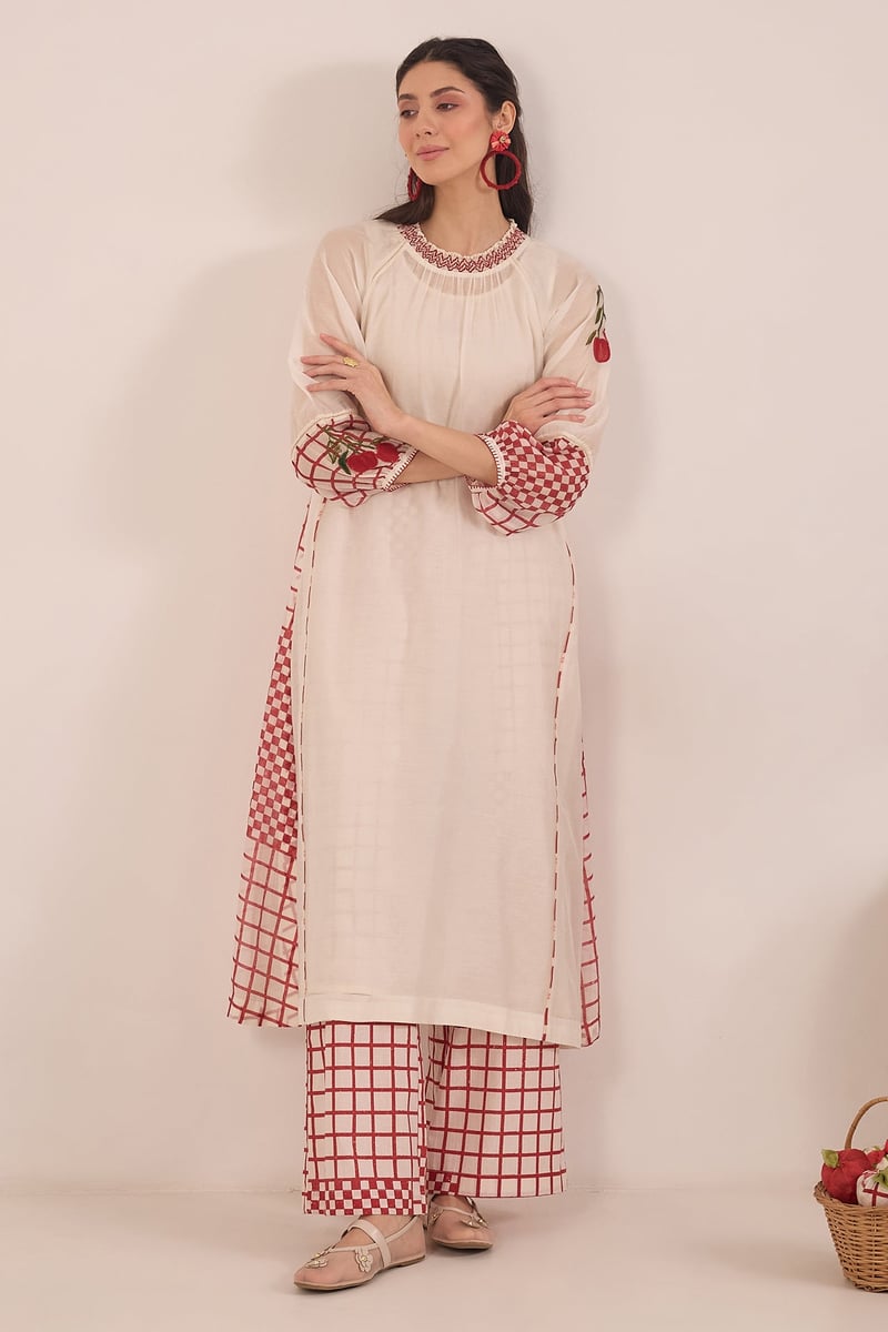 Ivory Kurta Set with Red Checks and Embroidered Neck