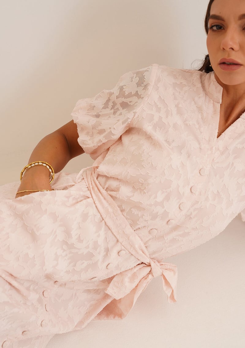 Baby Pink Textured Button-Front Midi Dress with Belt