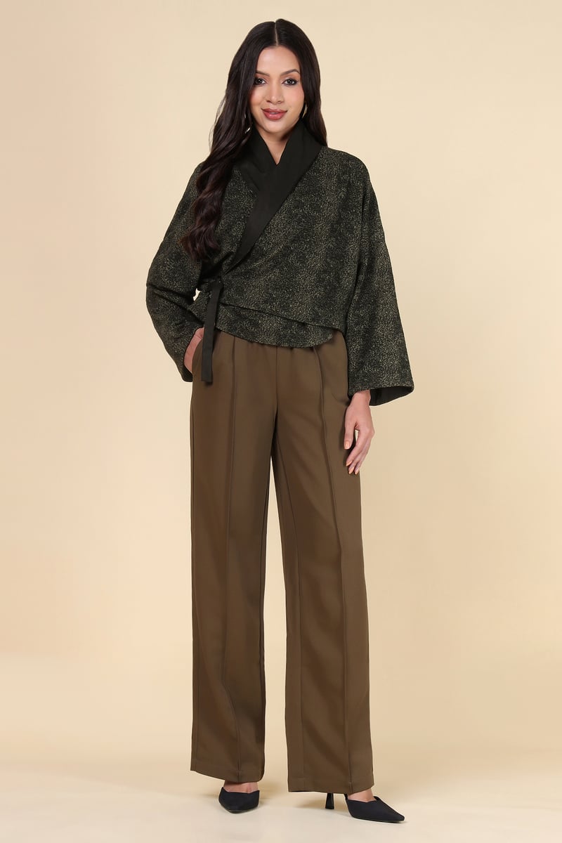 Black/Khakhi Cropped Wrap Jacket with Tie Belt — ACRE