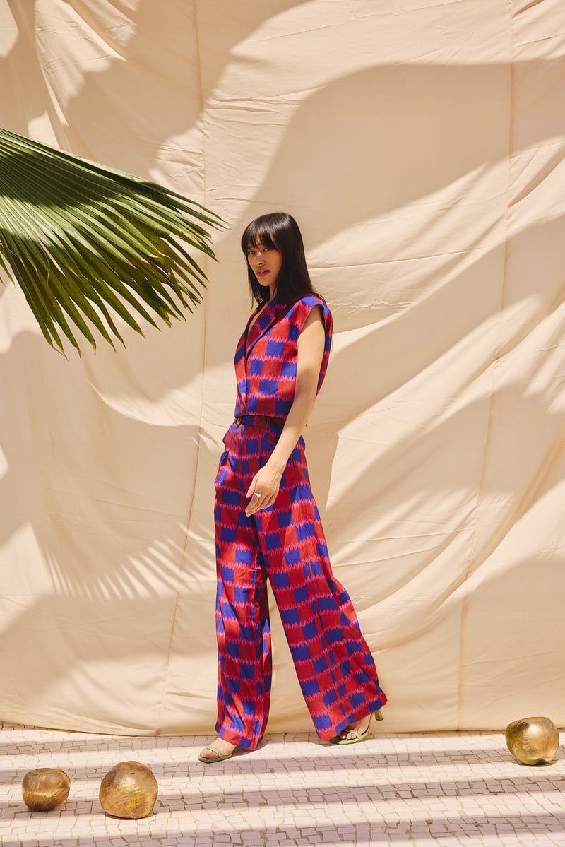 Multicolor Checked Vest and Wide-Leg Pants Co-ord Set