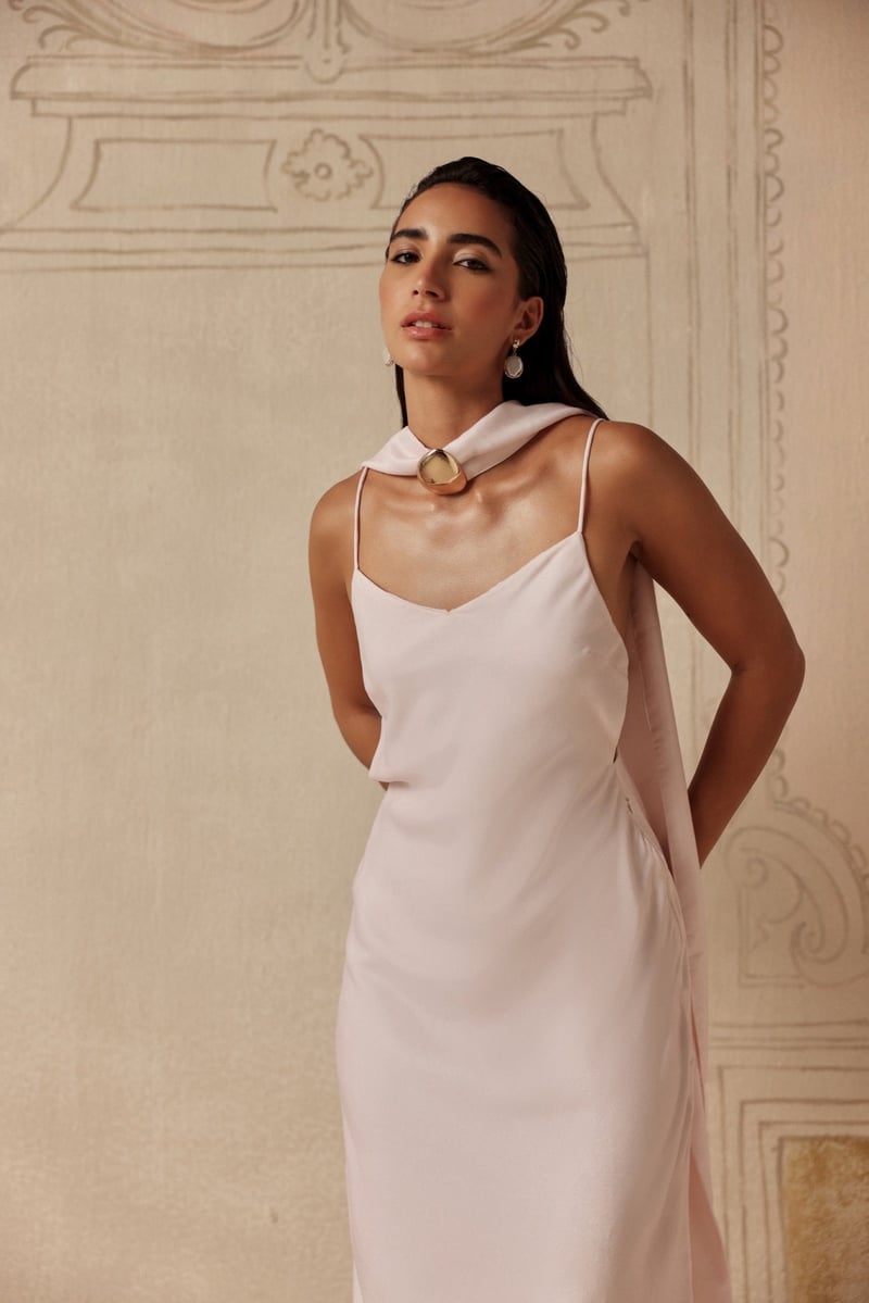 Pink Satin Maxi Slip Dress with Scarf Neck Detail