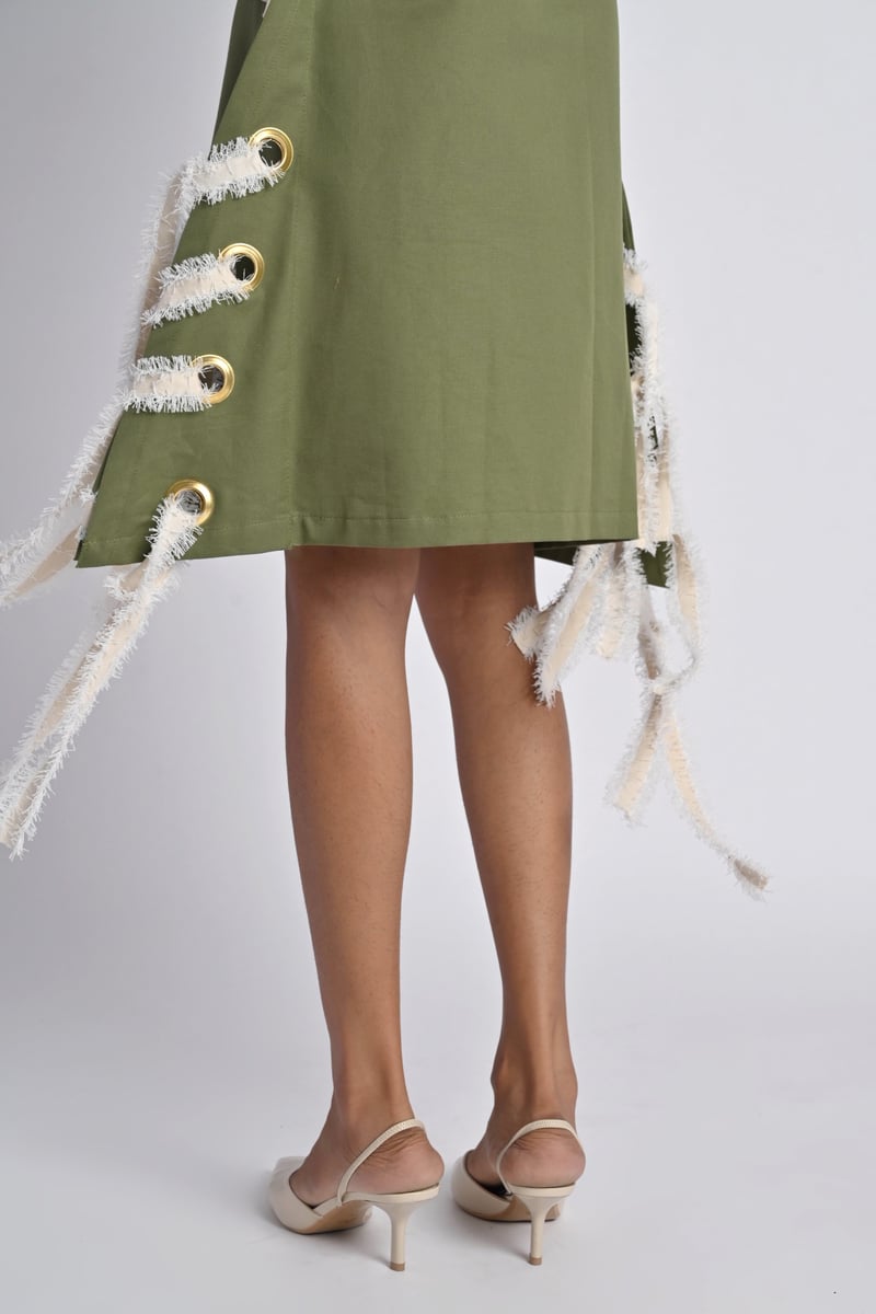 Olive Colorblocked Zip-Front Fringe Dress